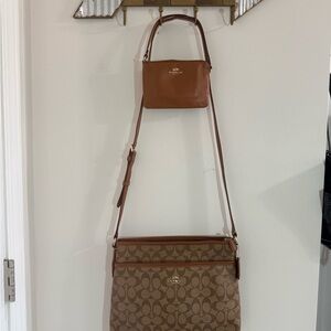 Coach Signature Brown and Tan Crossbody Bag and Wristlet and Card Holder